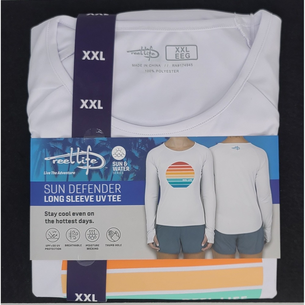 Reel Life Sun Defender UV Tee Women XXL White Long Sleeve UPF 50 Graphic NWT